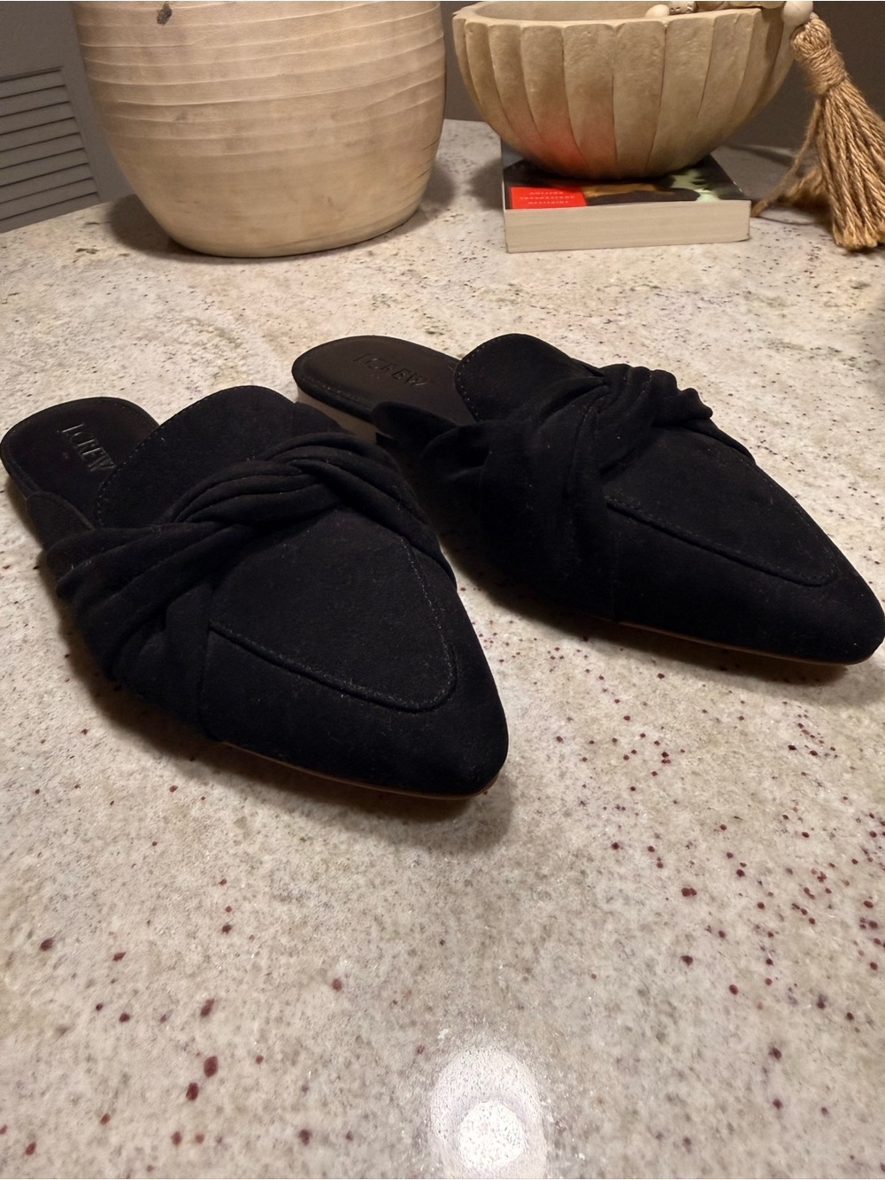 J. Crew Black Knotted Pointed Toe Suede Mules